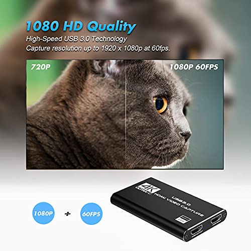 Tarjeta de captura de juegos, 4K Dispositivo de captura de video HDMI USB 3.0, Full HD 1080P para grabación de juegos, Transmisión en vivo