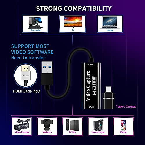 Tarjeta de Captura de Video HDMI 4K, Tarjeta de Captura de Juegos USB 3.0 Adaptador de Captura de 1080P para transmisión, enseñanza, videoconferencia o transmisión en Vivo (Negro)