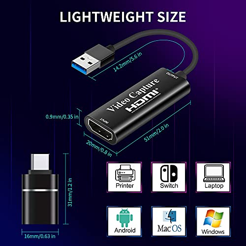 Tarjeta de Captura de Video HDMI 4K, Tarjeta de Captura de Juegos USB 3.0 Adaptador de Captura de 1080P para transmisión, enseñanza, videoconferencia o transmisión en Vivo (Negro)