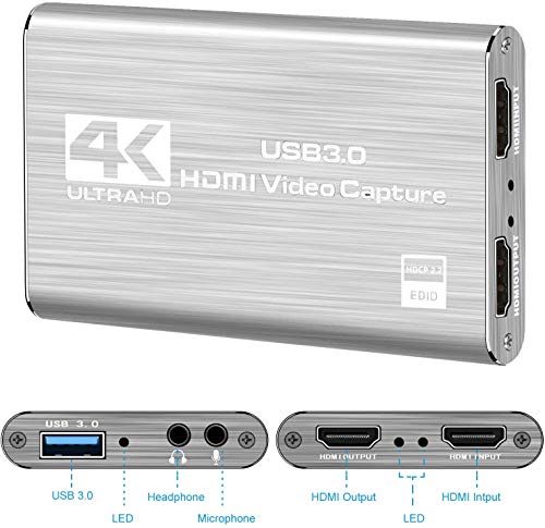 Tarjeta de Captura de Video y Audio Rybozen 4K, Dispositivo de Captura de Video HDMI USB 3.0, Full HD 1080P para grabación de Juegos, transmisión de transmisión en Vivo, Plateado