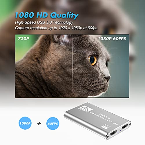 Tarjeta de Captura de Video y Audio Rybozen 4K, Dispositivo de Captura de Video HDMI USB 3.0, Full HD 1080P para grabación de Juegos, transmisión de transmisión en Vivo, Plateado