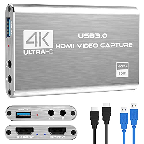Tarjeta de Captura de Video y Audio Rybozen 4K, Dispositivo de Captura de Video HDMI USB 3.0, Full HD 1080P para grabación de Juegos, transmisión de transmisión en Vivo, Plateado