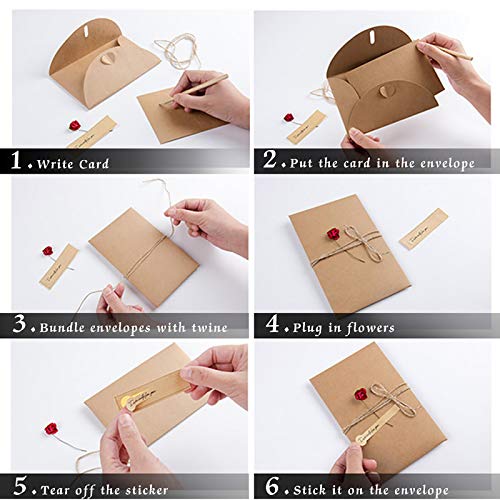 Tarjeta de Felicitación, Papel Kraft Retro Hecho a Mano Sobres en Blanco, Flores Secadas Postal Decorada para Navidad Cumpleaños Día de San Valentín Día de la Madre 6 Packs