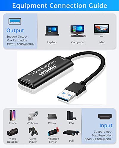 Tarjetas de captura de vídeo 4K, HDMI tarjeta de captura de vídeo USB 3.0 HD 1080P adaptador de captura, para juegos, streaming, enseñanza, videoconferencia, transmisión en vivo (negro)