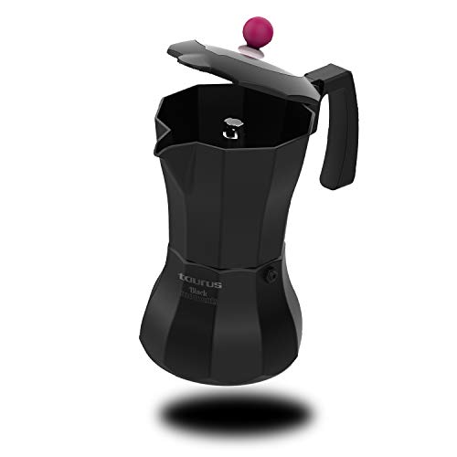 Taurus Black Moments 3 - Cafetera italiana, 3 tazas, base y filtro de acero inoxidable, válvula de seguridad, cierre de silicona para mayor seguridad, para todos los fuegos, tapa transparente, negro
