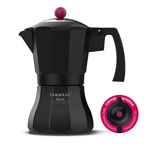Taurus Black Moments 3 - Cafetera italiana, 3 tazas, base y filtro de acero inoxidable, válvula de seguridad, cierre de silicona para mayor seguridad, para todos los fuegos, tapa transparente, negro