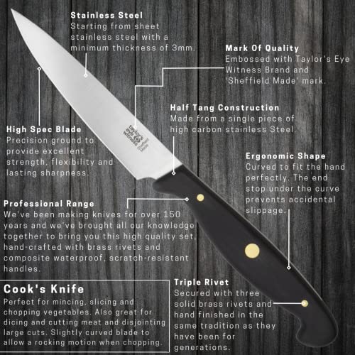 Taylors Eye Witness Cuchillo De Cocina Para Cocineros De Fabricación Británica: Filo De 10 Cm Con Hoja Ultrafina Y Puntiaguda, Rectificado Con Precisión De Acero Inoxidable De Alto Carbono