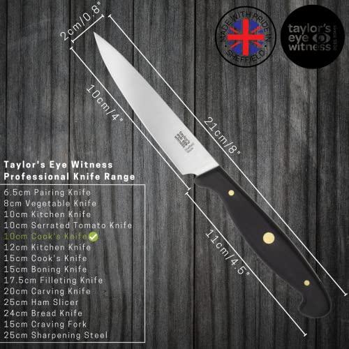 Taylors Eye Witness Cuchillo De Cocina Para Cocineros De Fabricación Británica: Filo De 10 Cm Con Hoja Ultrafina Y Puntiaguda, Rectificado Con Precisión De Acero Inoxidable De Alto Carbono