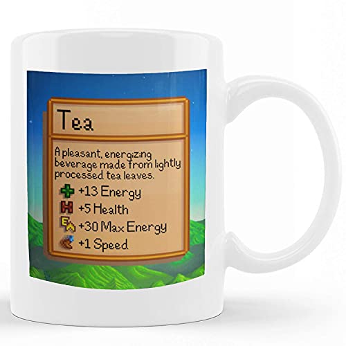 Taza de té de Stardew Valley, taza inspirada en Stardew Valley, estadísticas de té, regalo de jugador, regalo de cumpleaños, taza de té, estadísticas de té, sublimación, divertidas tazas de café de ce