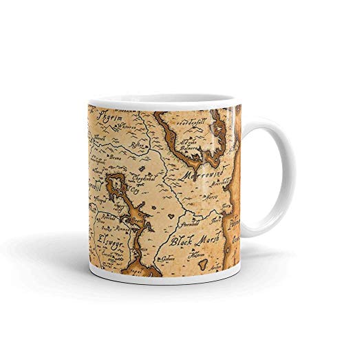 Taza Lsjuee Mapa de Tamriel de cerámica blanca de 11 onzas