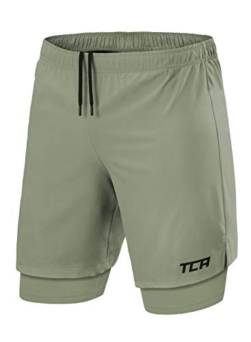 TCA Hombre Ultra Pantalón Corto 2 en 1 con Bolsillo con Cremallera - Pantalones Cortos - Army/Army (Verde/Verde), L