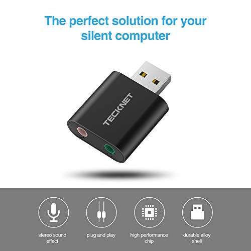 TECKNET Tarjeta de Sonido USB, Tarjeta de Sonido Externa Audio y Microfono 3.5mm para su Ordenador o Laptop Conecta Altavoces estéreo, Auriculares y micrófono (Black)