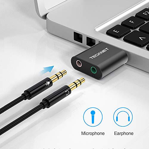 TECKNET Tarjeta de Sonido USB, Tarjeta de Sonido Externa Audio y Microfono 3.5mm para su Ordenador o Laptop Conecta Altavoces estéreo, Auriculares y micrófono (Black)