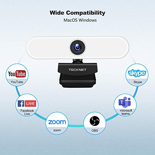 TECKNET Webcam con Microfono y Anillo de Luz, Streaming Camara Web con Enfoque Fijo para Mac Windows Portatil, USB PC Cámara para Youtube, Skype, Zoom, Grabación, Conferencias y Videollamadas