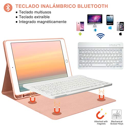 Teclado con iPad 10.2 9a 2021, iPad 8th 2020 y 7th 2019, Funda con Teclado Español para iPad Air 3 10.5 2019/iPad Pro 10.5 2017 con Ranura de Lápiz Teclado Español Bluetooth Desmontable (Champán)