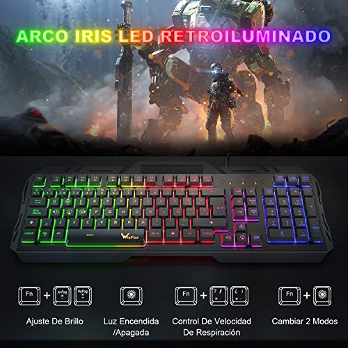 Teclado Gaming, WisFox Colorido Arco Lris LED Retroiluminación USB con Cable Teclado, Teclado de Computadora Ultra-Delgado y Silencioso, de Panel de Metal con Diseño Resistente a Salpicaduras Juegos