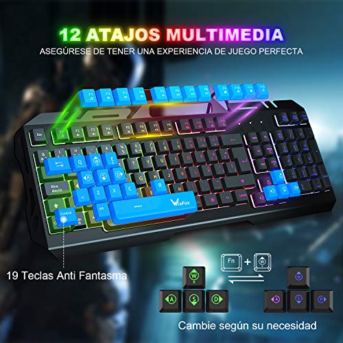 Teclado Gaming, WisFox Colorido Arco Lris LED Retroiluminación USB con Cable Teclado, Teclado de Computadora Ultra-Delgado y Silencioso, de Panel de Metal con Diseño Resistente a Salpicaduras Juegos