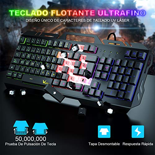 Teclado Gaming, WisFox Colorido Arco Lris LED Retroiluminación USB con Cable Teclado, Teclado de Computadora Ultra-Delgado y Silencioso, de Panel de Metal con Diseño Resistente a Salpicaduras Juegos