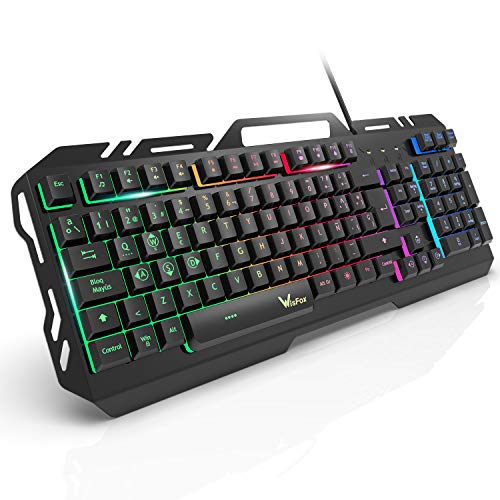 Teclado Gaming, WisFox Colorido Arco Lris LED Retroiluminación USB con Cable Teclado, Teclado de Computadora Ultra-Delgado y Silencioso, de Panel de Metal con Diseño Resistente a Salpicaduras Juegos