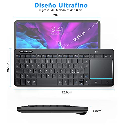 Teclado Inalámbrico Bluetooth con Touchpad, Teclado Trackpad Español Compacto Portátil, Teclado Multidispositivo 2.4G USB y Bluetooth para TV Tableta Android iPad Mac Windows PC Portátil, Negro