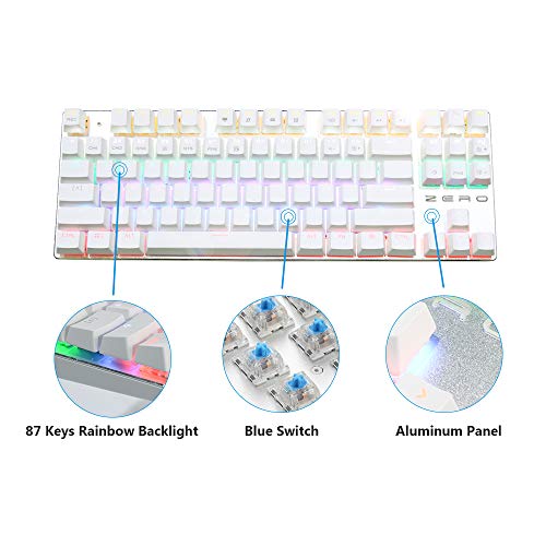 Teclado mecánico, HiveNets 87 teclas Interruptores azules Teclado retroiluminado RGB anti-fantasma para juegos (blanco)