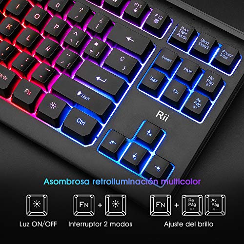 Teclado USB Rii RK104, 88 teclas, teclado ergonómico y retro iluminado multicolor, antighostling. Ideal para Gsming y trabajo. Color negro. Layout Español.
