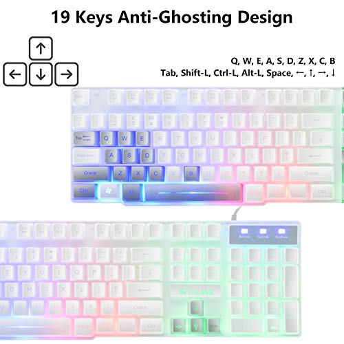 Teclado y Ratón Gaming, 104 Teclas Retroiluminación del Arco Iris LED QWERTY Teclado, 4 Botones 2400 DPI Ratón y Alfombrilla de Ratón, Cable USB Compatible con PS4, XBox(Necesita Adaptador) Blanco