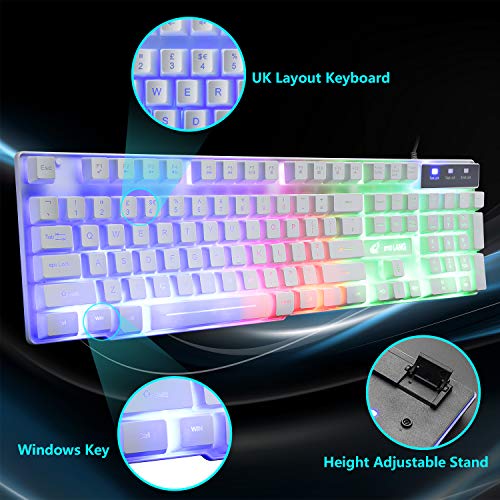 Teclado y Ratón Gaming, 104 Teclas Retroiluminación del Arco Iris LED QWERTY Teclado, 4 Botones 2400 DPI Ratón y Alfombrilla de Ratón, Cable USB Compatible con PS4, XBox(Necesita Adaptador) Blanco