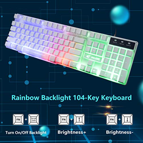 Teclado y Ratón Gaming, 104 Teclas Retroiluminación del Arco Iris LED QWERTY Teclado, 4 Botones 2400 DPI Ratón y Alfombrilla de Ratón, Cable USB Compatible con PS4, XBox(Necesita Adaptador) Blanco