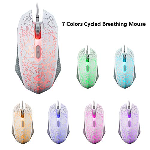 Teclado y Ratón Gaming, 104 Teclas Retroiluminación del Arco Iris LED QWERTY Teclado, 4 Botones 2400 DPI Ratón y Alfombrilla de Ratón, Cable USB Compatible con PS4, XBox(Necesita Adaptador) Blanco