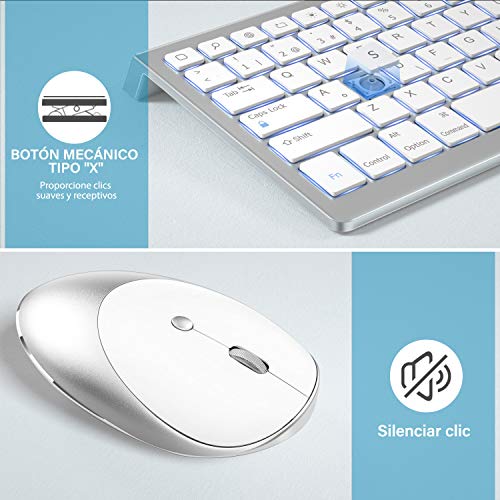 Teclado y Ratón Inalámbrico, Bluetooth Retroiluminado Español Teclado Recargable para iPad 10.2,iPad 5/6/7/8ª Generación,iPad Air 4/3/2,iPad Pro 10.5/11/12.9,iPad Mini,iPhone, Blanco y Plata