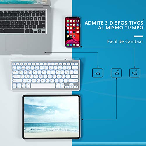 Teclado y Ratón Inalámbrico, Bluetooth Retroiluminado Español Teclado Recargable para iPad 10.2,iPad 5/6/7/8ª Generación,iPad Air 4/3/2,iPad Pro 10.5/11/12.9,iPad Mini,iPhone, Blanco y Plata