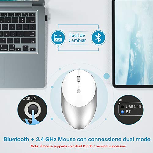 Teclado y Ratón Inalámbrico, Bluetooth Retroiluminado Español Teclado Recargable para iPad 10.2,iPad 5/6/7/8ª Generación,iPad Air 4/3/2,iPad Pro 10.5/11/12.9,iPad Mini,iPhone, Blanco y Plata