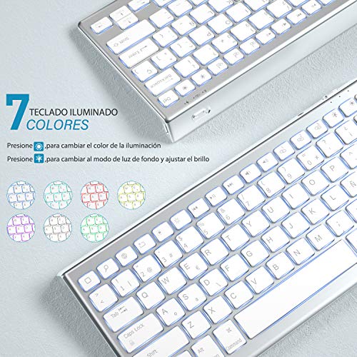 Teclado y Ratón Inalámbrico, Bluetooth Retroiluminado Español Teclado Recargable para iPad 10.2,iPad 5/6/7/8ª Generación,iPad Air 4/3/2,iPad Pro 10.5/11/12.9,iPad Mini,iPhone, Blanco y Plata