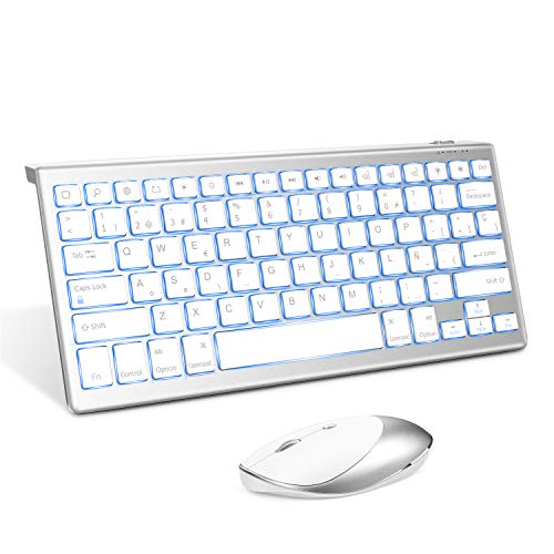 Teclado y Ratón Inalámbrico, Bluetooth Retroiluminado Español Teclado Recargable para iPad 10.2,iPad 5/6/7/8ª Generación,iPad Air 4/3/2,iPad Pro 10.5/11/12.9,iPad Mini,iPhone, Blanco y Plata