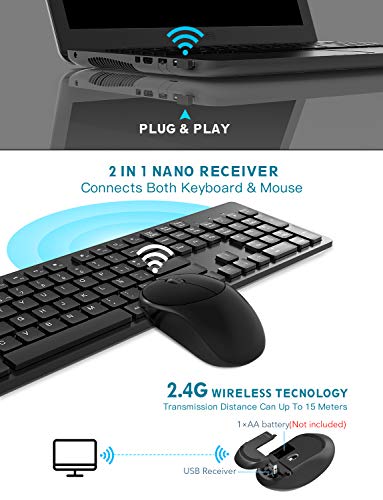 Teclado y Raton Inalambrico Español, TedGem 2.4G Teclado Inalambrico USB Teclado Raton Inalambrico PC Ergonómico Teclado Inalambrico PC con 105 Tecla para Windows 7/8/10/2000 / XP/Vista (Black)