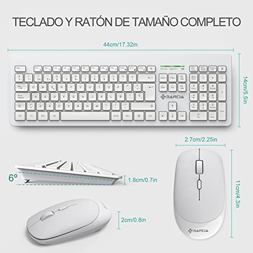 Teclado y Raton Inalámbrico-SBARDA，Silencioso Teclado，Disposición QWERTY Español,para PC/Laptop/Notebook/Windows , un Receptor USB, botón de Velocidad dpi-Blanco