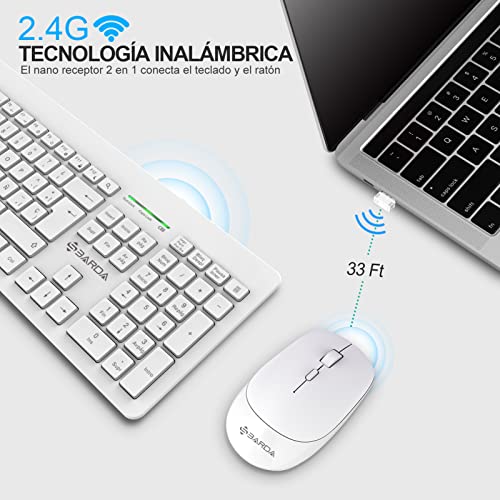Teclado y Raton Inalámbrico-SBARDA，Silencioso Teclado，Disposición QWERTY Español,para PC/Laptop/Notebook/Windows , un Receptor USB, botón de Velocidad dpi-Blanco