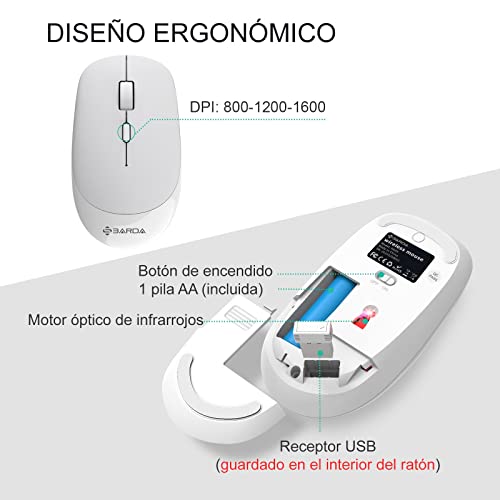 Teclado y Raton Inalámbrico-SBARDA，Silencioso Teclado，Disposición QWERTY Español,para PC/Laptop/Notebook/Windows , un Receptor USB, botón de Velocidad dpi-Blanco