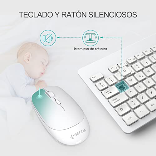 Teclado y Raton Inalámbrico-SBARDA，Silencioso Teclado，Disposición QWERTY Español,para PC/Laptop/Notebook/Windows , un Receptor USB, botón de Velocidad dpi-Blanco