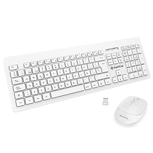 Teclado y Raton Inalámbrico-SBARDA，Silencioso Teclado，Disposición QWERTY Español,para PC/Laptop/Notebook/Windows , un Receptor USB, botón de Velocidad dpi-Blanco