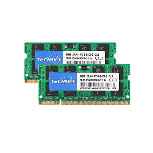 TECMIYO DDR2 800MHZ 4GB (2x2GB) PC2 6400 2Rx8 PC2-6400S CL6 DDR2 SODIMM 800MHZ 1.8V DDR2-800 200pin Non-ECC Unbuffered SODIMM Laptop Memory Ram for iMac Intel, AMD System