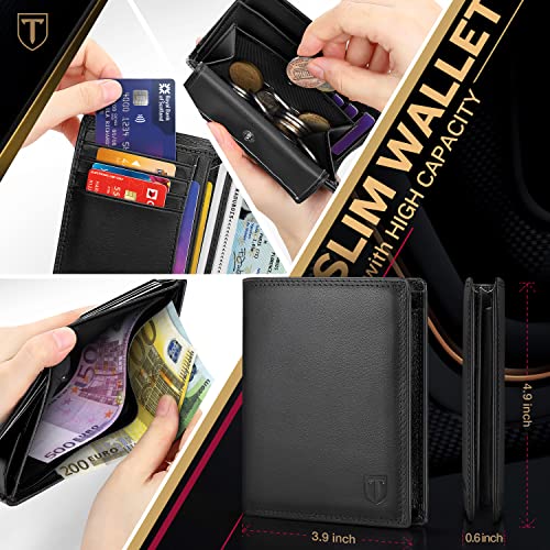 TEEHON Cartera Hombre, Billetera Hombre, Cartera RFID, Cartera Vertical para Hombre con 13 Ranuras para Tarjetas (Incluye ID), 2 Ranuras para Billetes, 1Bolsillo para Monedas con Botón - Negro