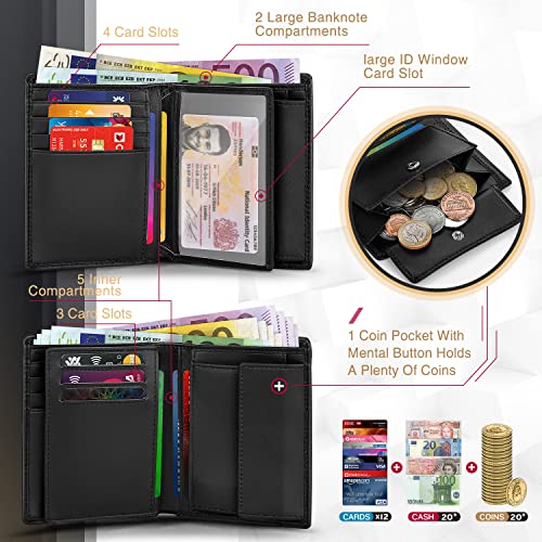 TEEHON Cartera Hombre, Billetera Hombre, Cartera RFID, Cartera Vertical para Hombre con 13 Ranuras para Tarjetas (Incluye ID), 2 Ranuras para Billetes, 1Bolsillo para Monedas con Botón - Negro