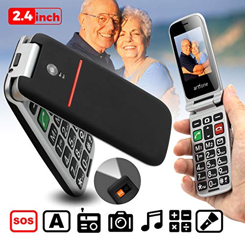 Teléfono Móvil para Personas Mayores Teclas Grandes con Tapa Pantalla de 2,4 Pulgadas Tecla de Emergencia Botón SOS Cámara Fácil de Usar para Ancianos, Artfone Flip CF241A, Negro
