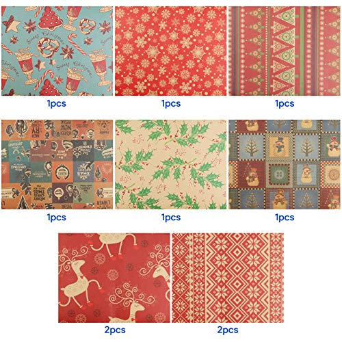 Telgoner Navidad Papel Kraft Papel de Regalo y Etiquetas, Papel de Regalo Reciclable en 8 Diferentes Patrones de Papel Marrón para Navidad (50 x 70 cm, 10 Paquetes)