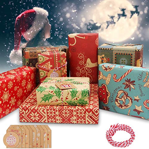 Telgoner Navidad Papel Kraft Papel de Regalo y Etiquetas, Papel de Regalo Reciclable en 8 Diferentes Patrones de Papel Marrón para Navidad (50 x 70 cm, 10 Paquetes)