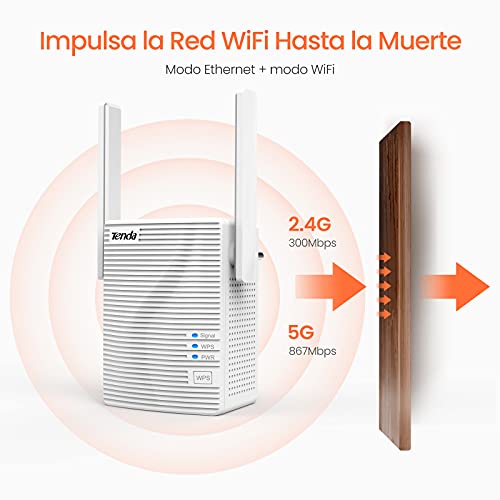 Tenda A18 Repetidor de Red AC1200, doble banda 5 GHz y 2.4 Ghz, amplificador y extensor WiFi, Modo AP, puerto LAN Gigabit, antena externa 2 dBi, WPS Botón, señal LED, fácil configuración