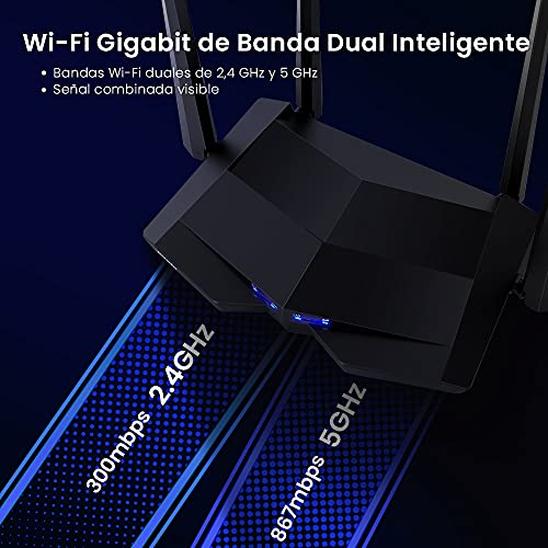 Tenda AC10 - Router WiFi Gigabit de Doble Banda, 2.4 GHz a 300 Mbps y 5 GHz a 867 Mbps, 4 x 6 dBi antenas externas, WAN/3 x LAN puertos de 10/100/1000 Mbps, Gaming, Modo AP, Control APP, MU-MIMO