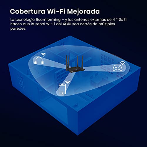 Tenda AC10 - Router WiFi Gigabit de Doble Banda, 2.4 GHz a 300 Mbps y 5 GHz a 867 Mbps, 4 x 6 dBi antenas externas, WAN/3 x LAN puertos de 10/100/1000 Mbps, Gaming, Modo AP, Control APP, MU-MIMO